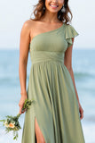 One Shoulder Dusty Sage A Line Long Boho Bridesmaid Dress With Slit