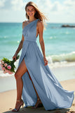 Dusty Sage One Shoulder Ruched A Line Long Boho Bridesmaid Dress with Slit