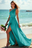 Dusty Sage One Shoulder Ruched A Line Long Boho Bridesmaid Dress with Slit