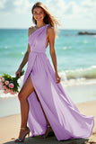 Dusty Sage One Shoulder Ruched A Line Long Boho Bridesmaid Dress with Slit