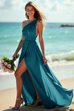 One Shoulder Ruched A Line Green Long Boho Bridesmaid Dress With Slit