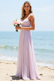 A Line Lilac Chiffon Ruched Long Boho Bridesmaid Dress