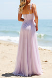 A Line Lilac Chiffon Ruched Long Boho Bridesmaid Dress