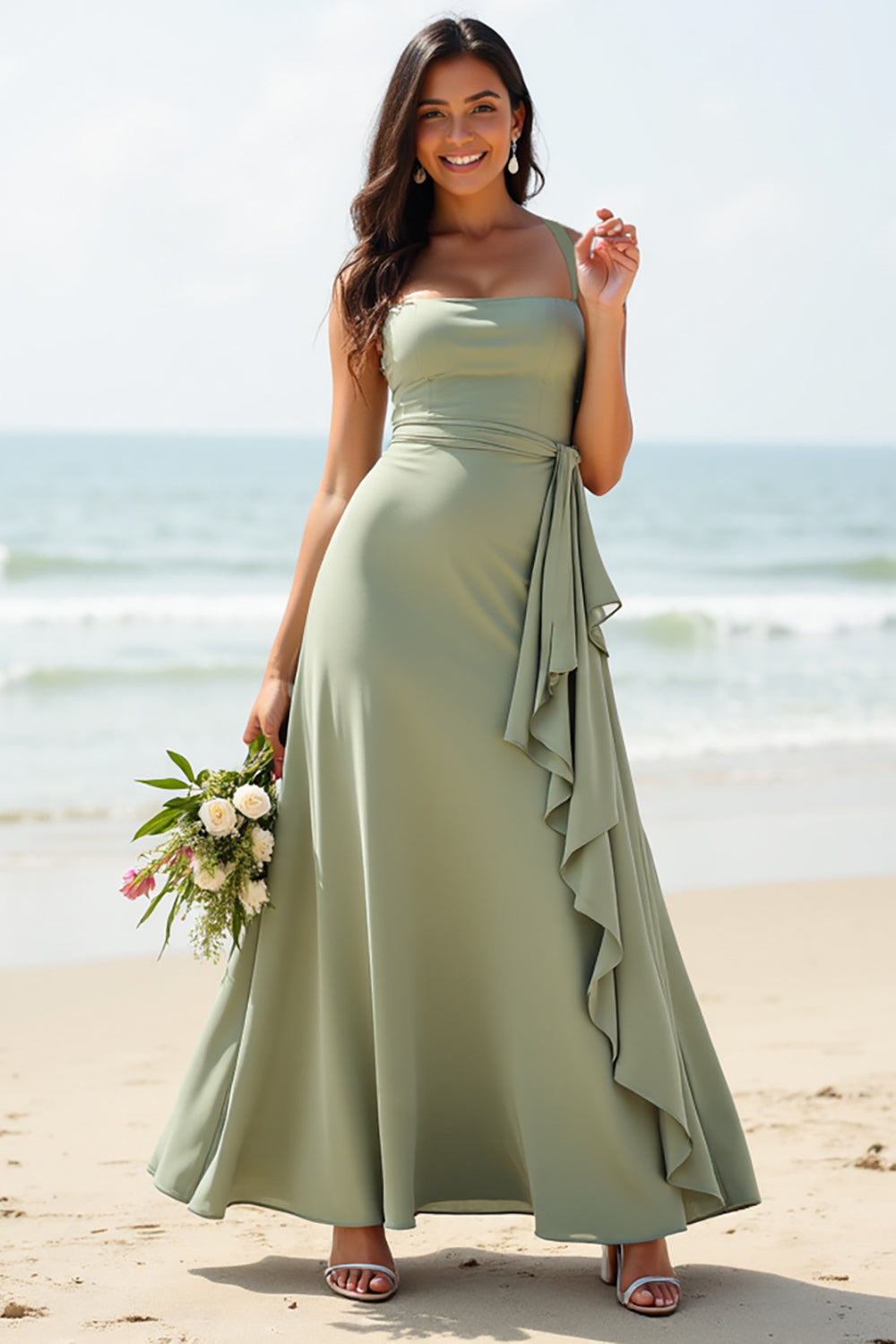Chiffon Ruffled A Line Dusty Sage Long Boho Bridesmaid Dress