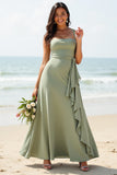 Chiffon Ruffled A Line Dusty Sage Long Boho Bridesmaid Dress
