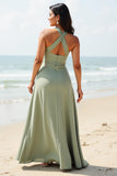 Chiffon Ruffled A Line Dusty Sage Long Boho Bridesmaid Dress