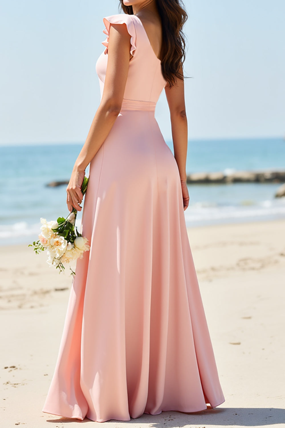Blush A Line One Shouolder Long Bridesmaid Dress With Slit