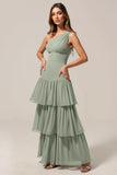 One Shoulder Sage Green A Line Tiered Long Bridesmaid Dress