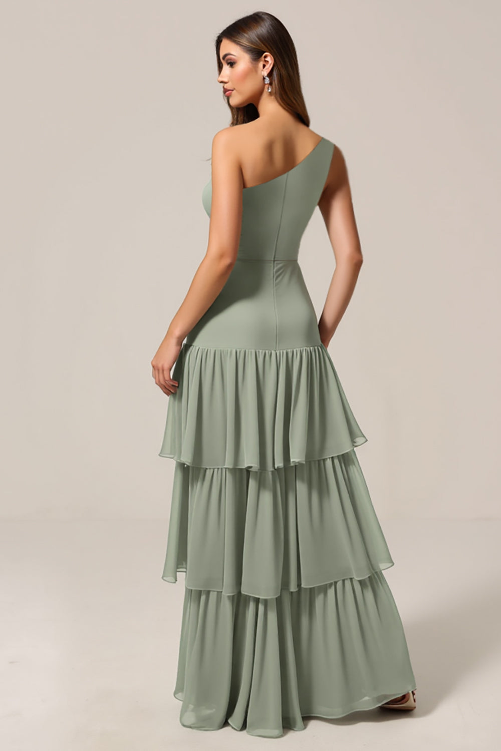One Shoulder Sage Green A Line Tiered Long Bridesmaid Dress