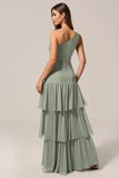 One Shoulder Sage Green A Line Tiered Long Bridesmaid Dress