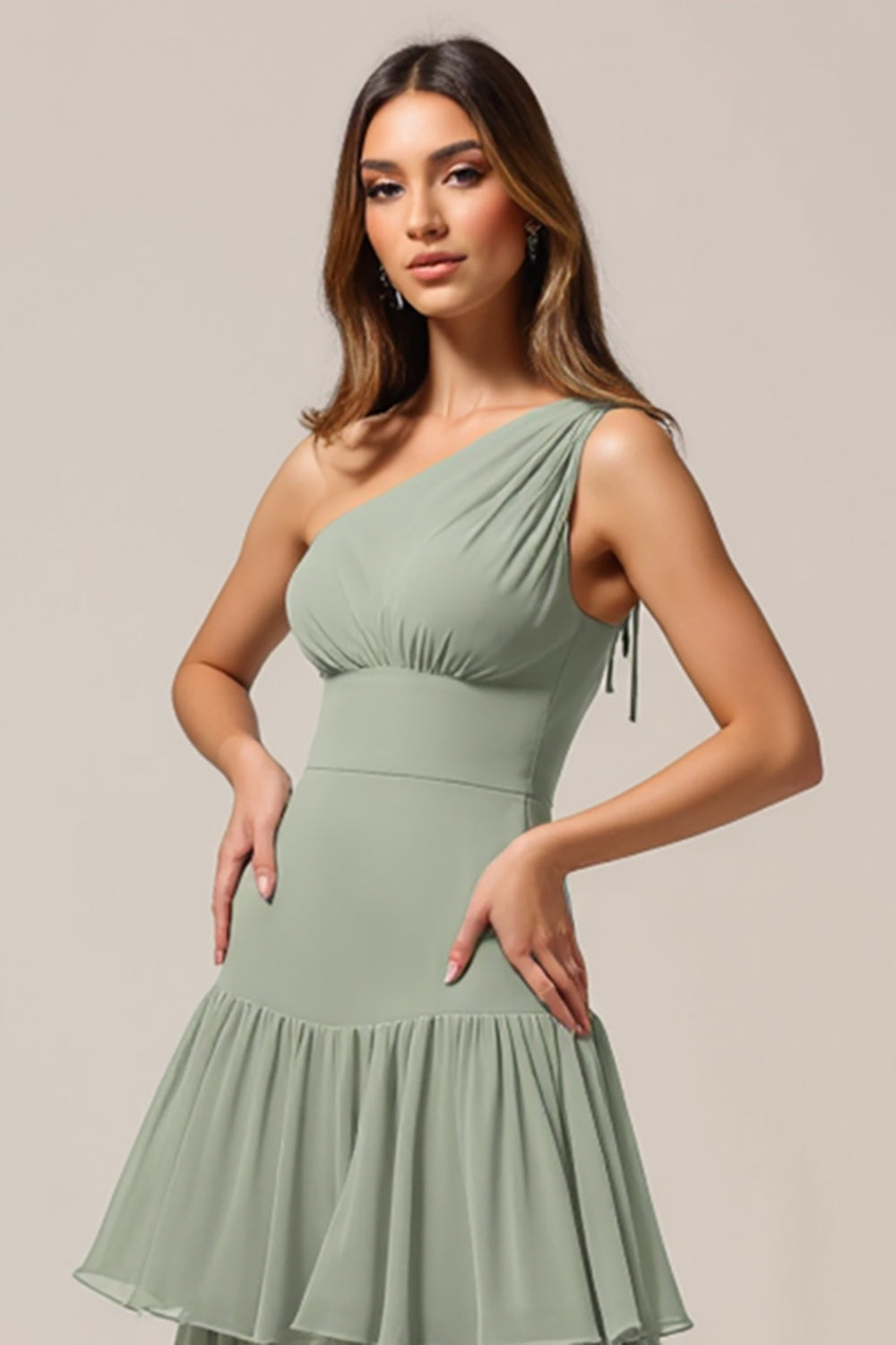 One Shoulder Sage Green A Line Tiered Long Bridesmaid Dress