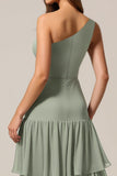 One Shoulder Sage Green A Line Tiered Long Bridesmaid Dress