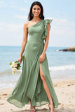 One Shoulder Chiffon Dusty Sage Long Boho Bridesmaid Dress with Slit