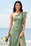 One Shoulder Chiffon Dusty Sage Long Boho Bridesmaid Dress with Slit