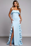 Sky Blue Ruffled Long Bridesmaid Dress With Slit