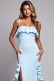 Sky Blue Ruffled Long Bridesmaid Dress With Slit