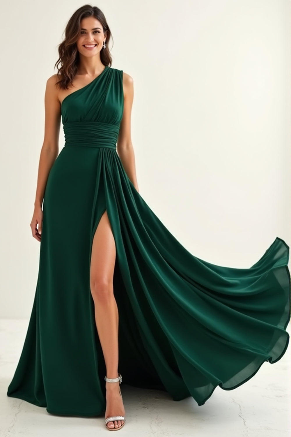One Shoulder A Line Dark Green Long Bridesmaid Dress with Slit