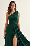One Shoulder A Line Dark Green Long Bridesmaid Dress with Slit