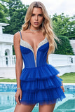 Sparkly Royal Blue Tiered Ruffled Corset Mini Cocktail Dress with Beading