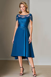 Peacock Blue Cap Sleeves A Line Midi Mother of the Bride Dress With Lace