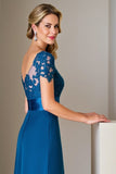 Peacock Blue Cap Sleeves A Line Midi Mother of the Bride Dress With Lace