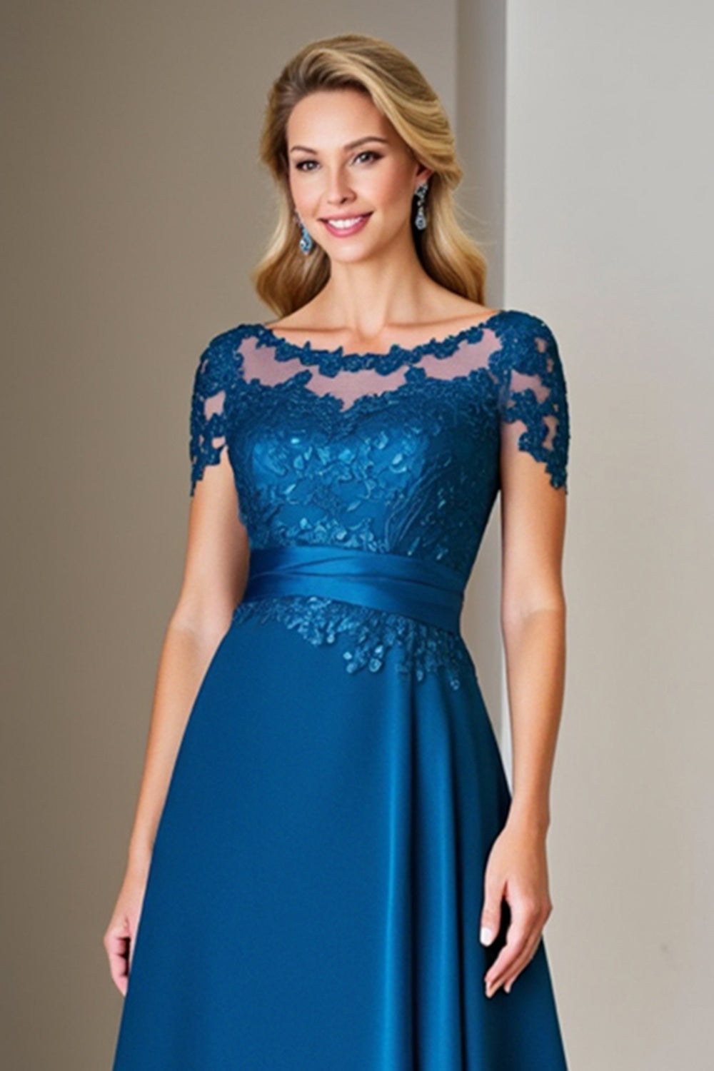 Peacock Blue Cap Sleeves A Line Midi Mother of the Bride Dress With Lace
