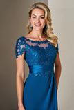 Peacock Blue Cap Sleeves A Line Midi Mother of the Bride Dress With Lace