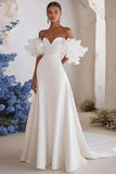Ivory A Line Satin Sweep Train Wedding Dress with Ruffles