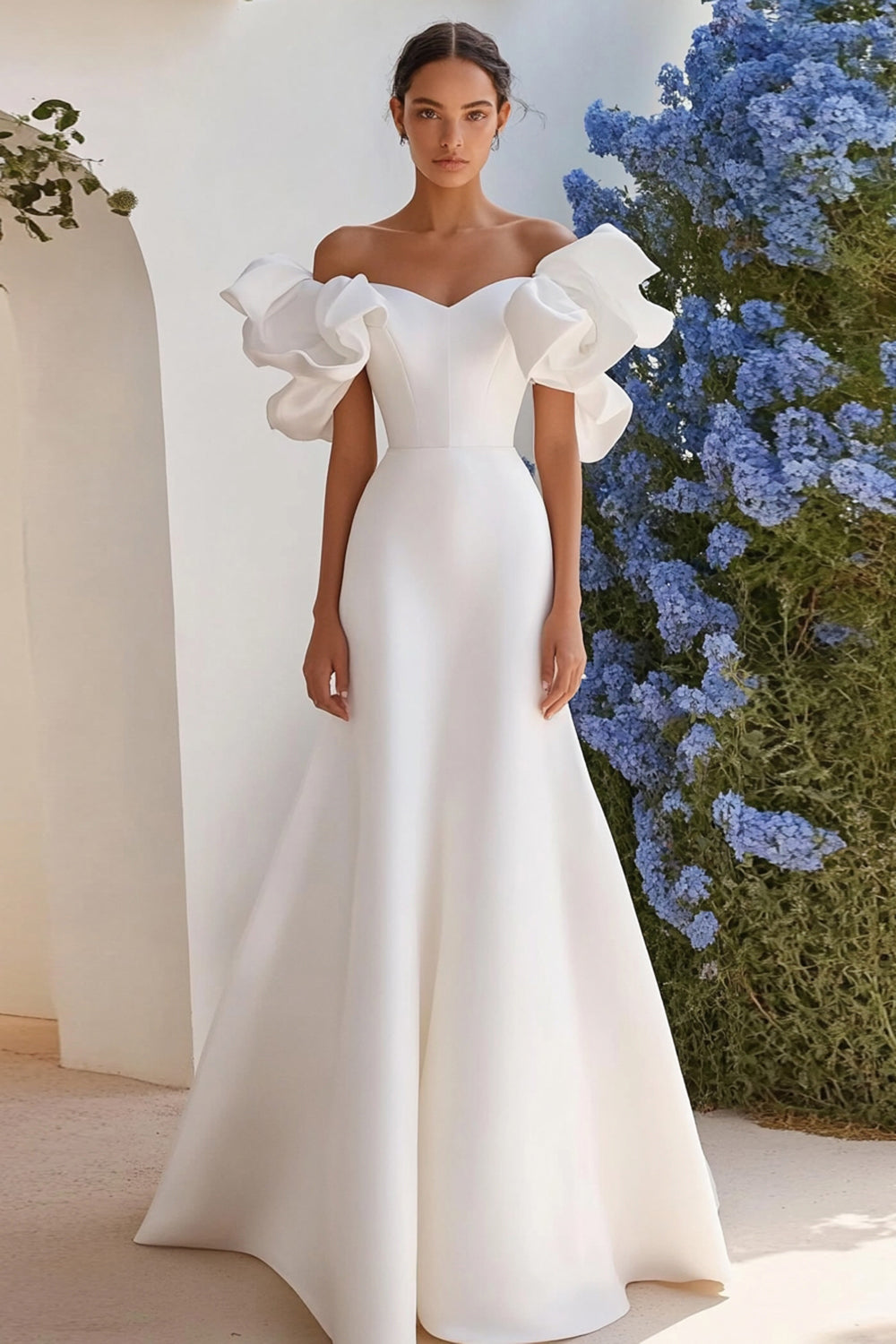 Ivory Satin A Line Off the Shoulder Floor-Length Wedding Dress
