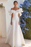 Ivory Satin A Line Off the Shoulder Floor-Length Wedding Dress