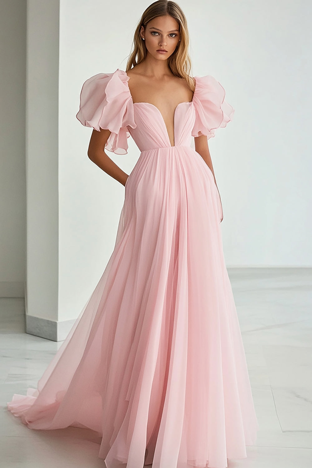 Pink A Line Chiffon Ruffled Long Formal Dress with Sleeves