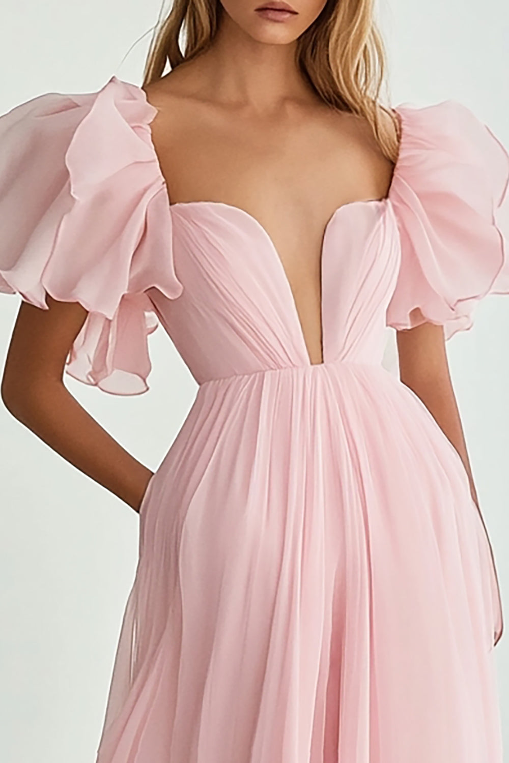 Pink A Line Chiffon Ruffled Long Formal Dress with Sleeves