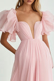 Pink A Line Chiffon Ruffled Long Formal Dress with Sleeves