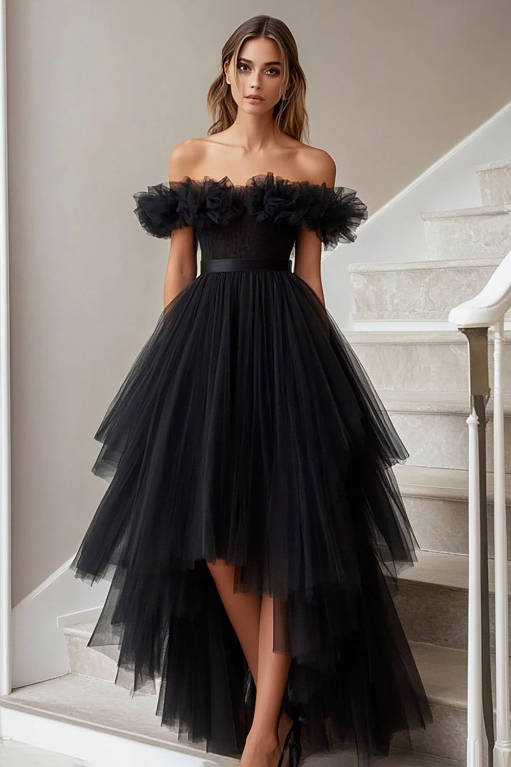 Black Tulle A Line Off the Shoulder High-Low Formal Dress with Ruffles