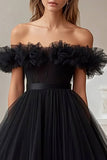 Black Tulle A Line Off the Shoulder High-Low Formal Dress with Ruffles