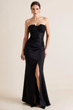 Black Satin Mermaid Ruched Strapless Long Formal Dress with Lace