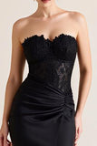 Black Satin Mermaid Ruched Strapless Long Formal Dress with Lace