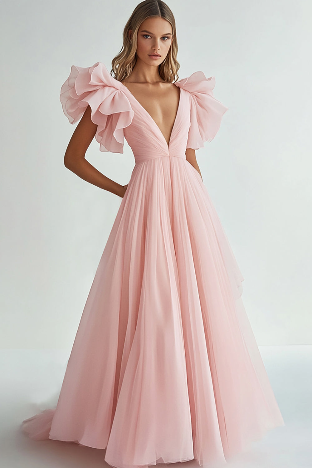 Pink A Line V-Neck Long Formal Dressw with Ruffles
