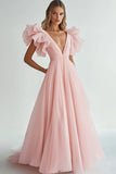 Pink A Line V-Neck Long Formal Dressw with Ruffles