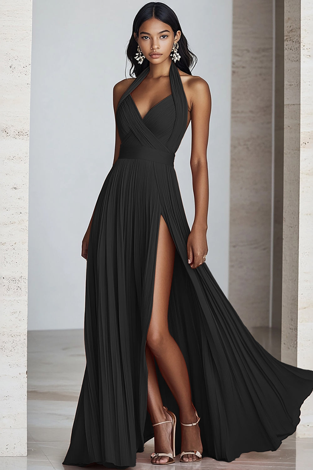 Black Chiffon A Line Halter Pleated Long Formal Dress with Slit