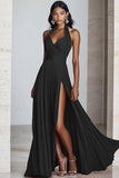 Black Chiffon A Line Halter Pleated Long Formal Dress with Slit