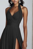 Black Chiffon A Line Halter Pleated Long Formal Dress with Slit