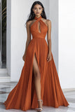 Orange A Line Pleated Long Formal Dress with Slit