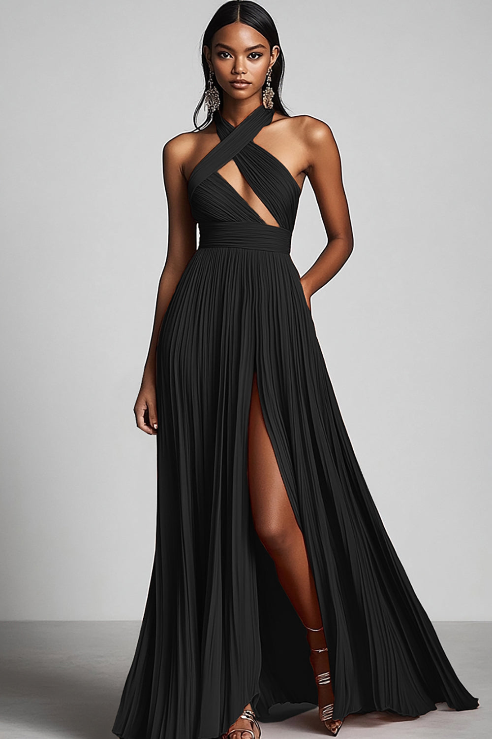 Black A Line Halter Pleated Long Fomal Dress with Slit