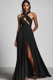 Black A Line Halter Pleated Long Fomal Dress with Slit