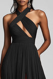Black A Line Halter Pleated Long Fomal Dress with Slit