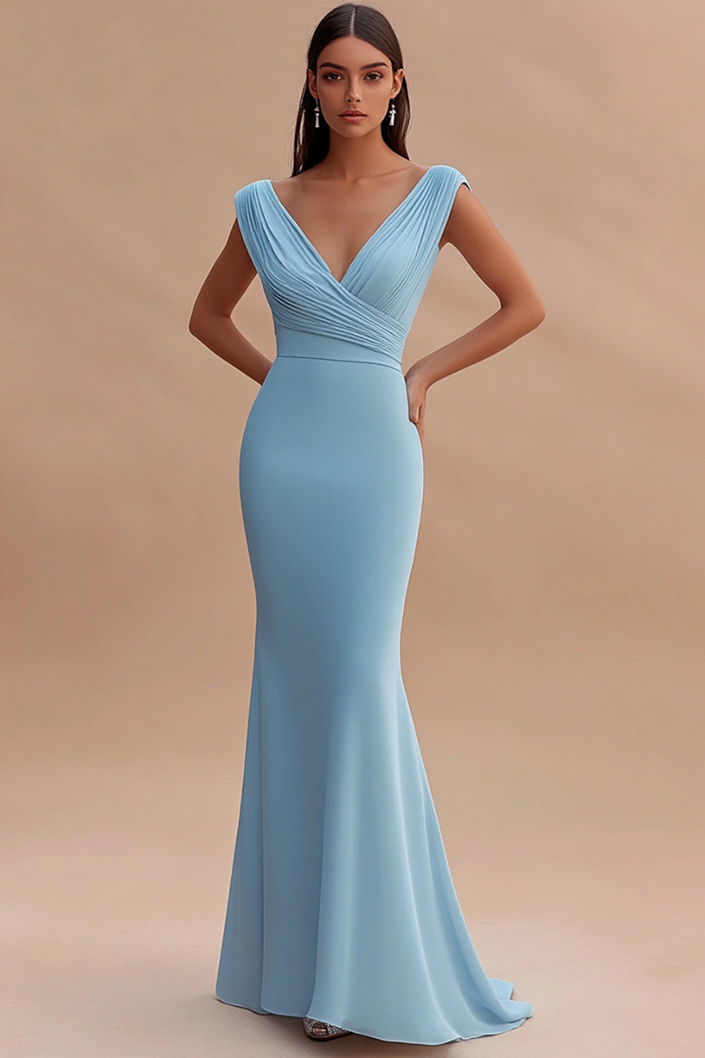 Sky Blue Mermaid Ruched V-Neck Long Formal Dress