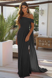Black Chiffon One Shoulder Sheath Long Formal Dress with Side Cape