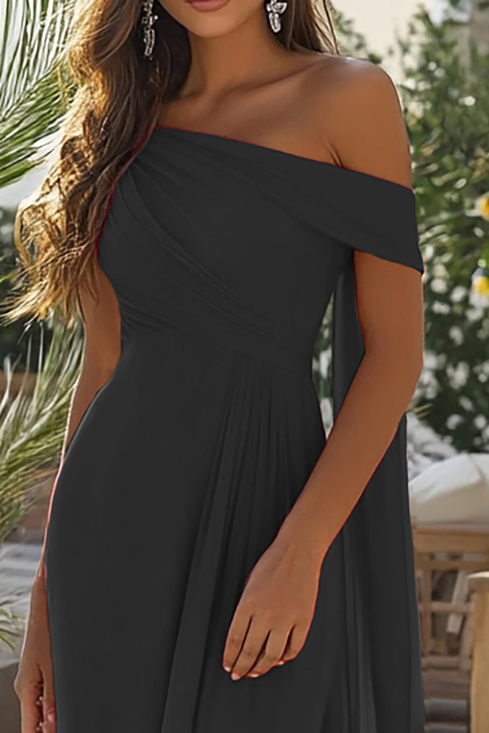 Black Chiffon One Shoulder Sheath Long Formal Dress with Side Cape