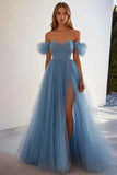 Grey Blue Tulle A Line Long Formal Dress with Slit